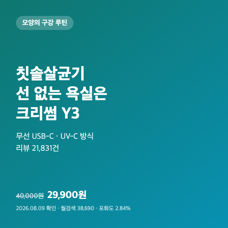 칫솔살균기, 선 없는 욕실은 크리썸 Y3|29,900원·UV-C·USB-C 1 칫솔살균기, 선 없는 욕실은 크리썸 Y3|29,900원·UV-C·USB-C