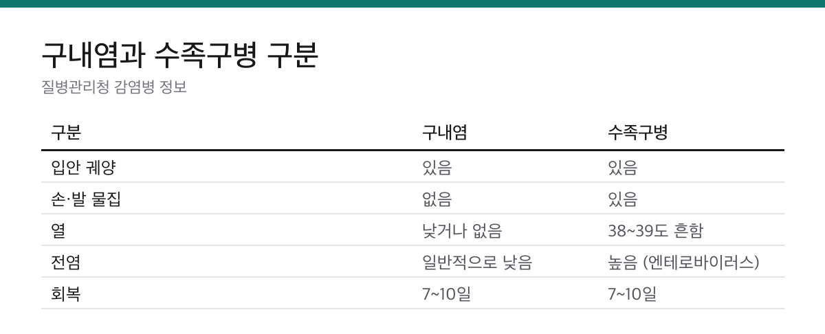 아기 구내염 증상·대처|7~10일 회복, 38.5도 넘으면 소아과 1 구내염 입안만 궤양 수족구병 손발 물집 열 높음 전염 높음 비교표