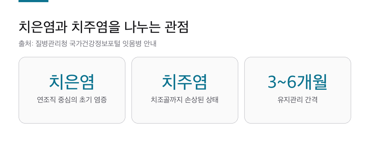 잇몸부음 3가지를 확인하세요|치은염·치주염과 치과 방문 기준 2 치은염과 치주염의 차이, 3개월에서 6개월 간격의 유지관리를 표시한 카드