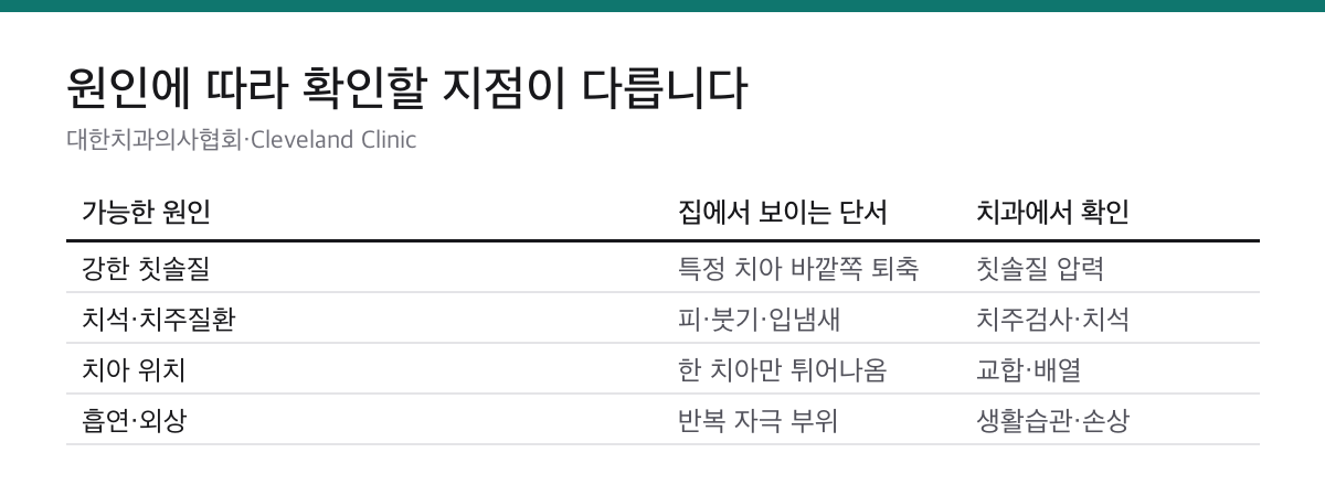 잇몸 내려앉음 원인 5가지|드러난 치아 뿌리는 저절로 덮이지 않습니다 1 강한 칫솔질, 치석과 치주질환, 치아 위치, 흡연과 외상에 따른 잇몸 퇴축 단서와 치과 확인표