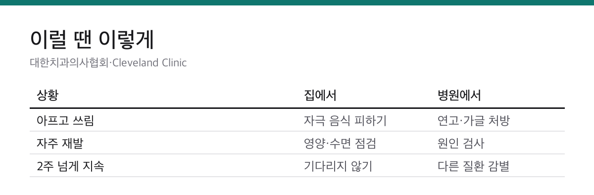 구내염 빨리 낫는 법|보통 1~2주, 2주 넘으면 치과 2 구내염 통증 재발 2주 지속 상황별 집에서 관리와 병원 확인 표